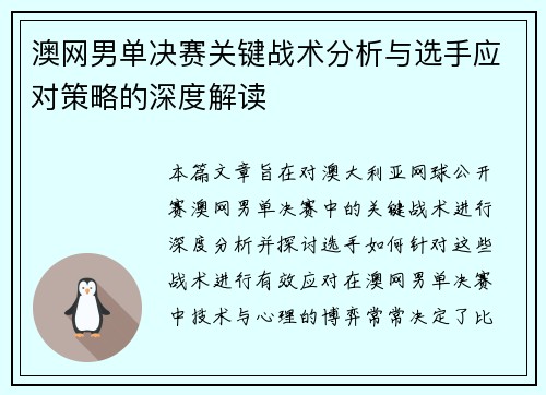 澳网男单决赛关键战术分析与选手应对策略的深度解读