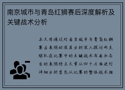 南京城市与青岛红狮赛后深度解析及关键战术分析